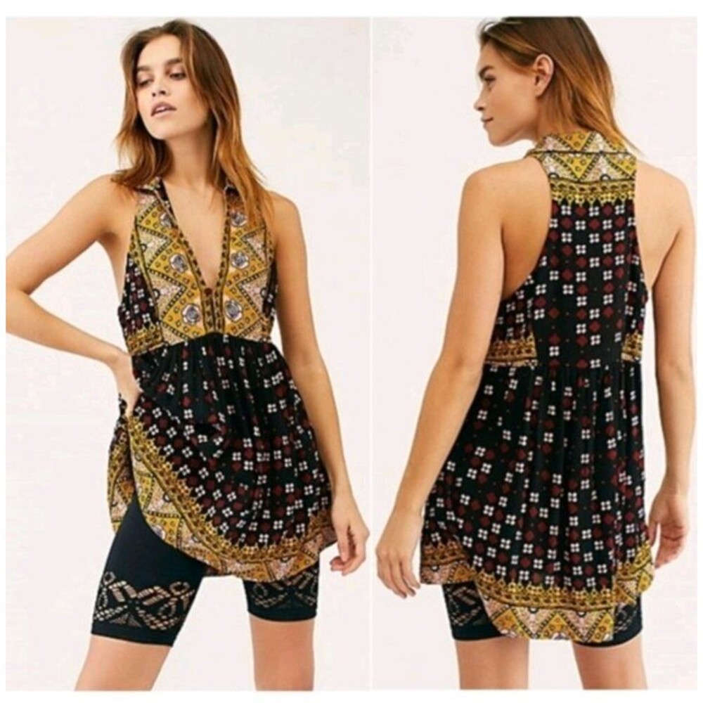Free People NWOT Charlotte Sleeveless Tunic Top Size XSmall Black Yellow Floral